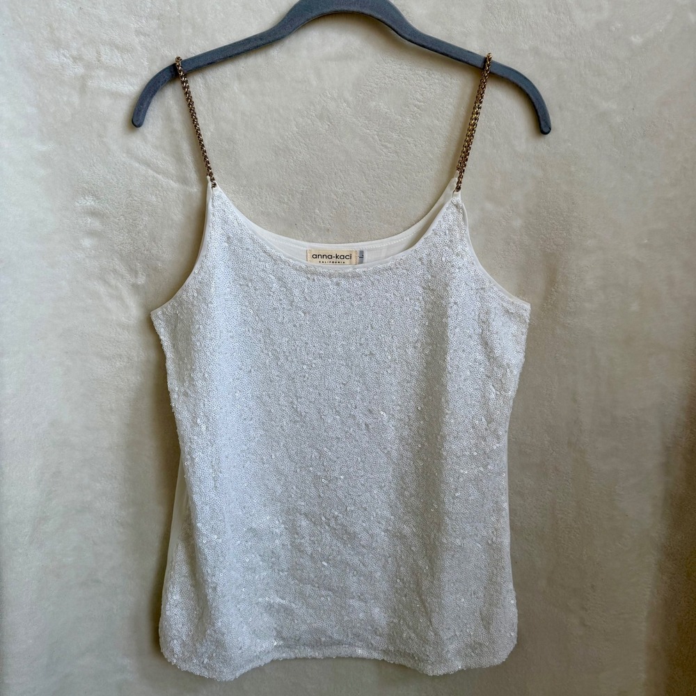 Anna-Kaci California Sparkle Shine White Sequin Chain Strap Camisole Top Sz L